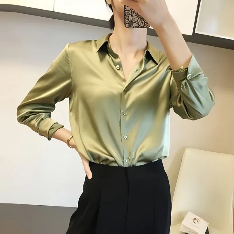 Color: green, Size: M - All-match Satin Finish Shirts And Blouses Women Clothing Casual Top OL Long Sleeve Button Elegant Shirts French Solid Blouses
