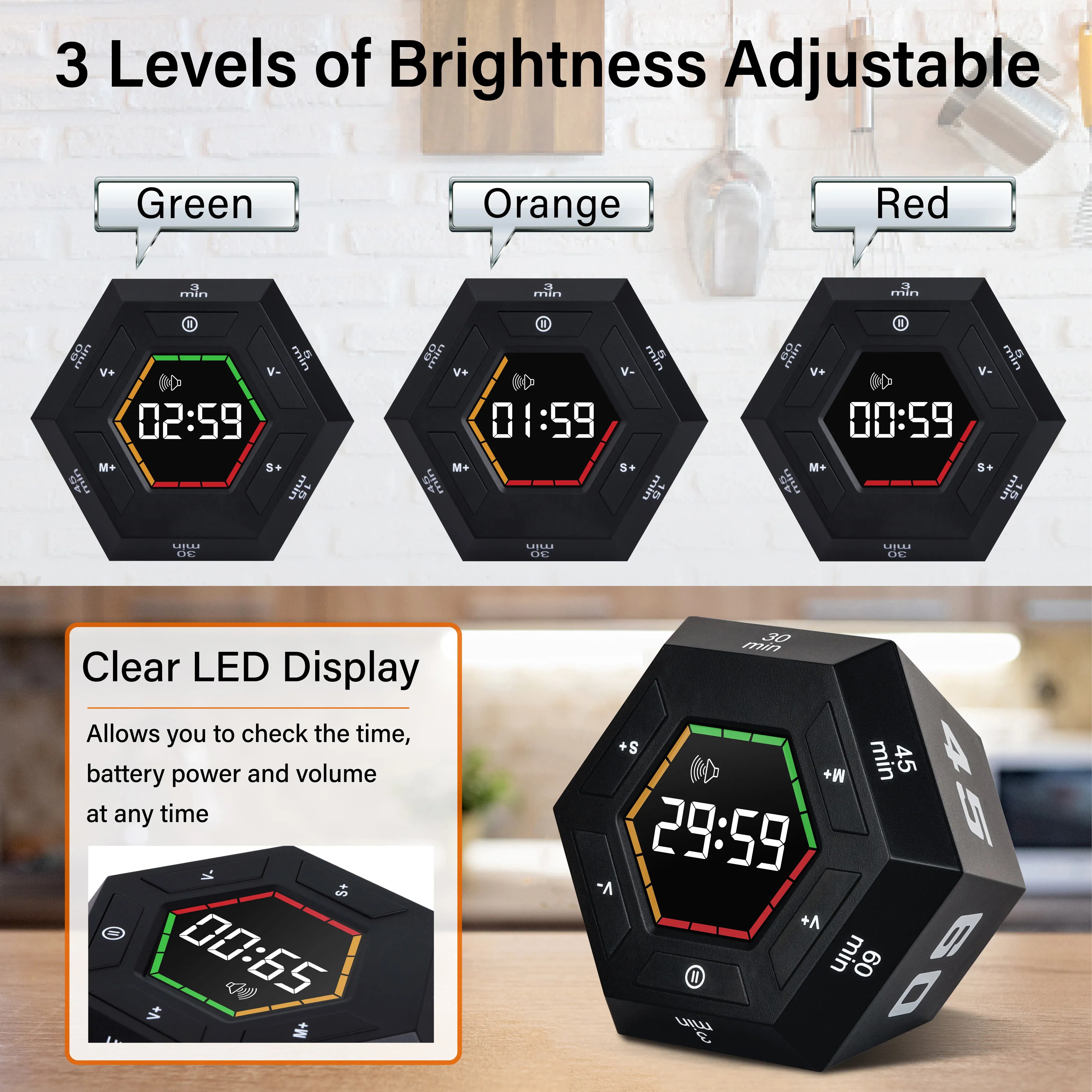 Color: black - Hexagon Visual Flip Timer for kids  Digital Study Pomodoro Cooking Timers Silent timing Magnetic Smart Productivity Kitchen Time