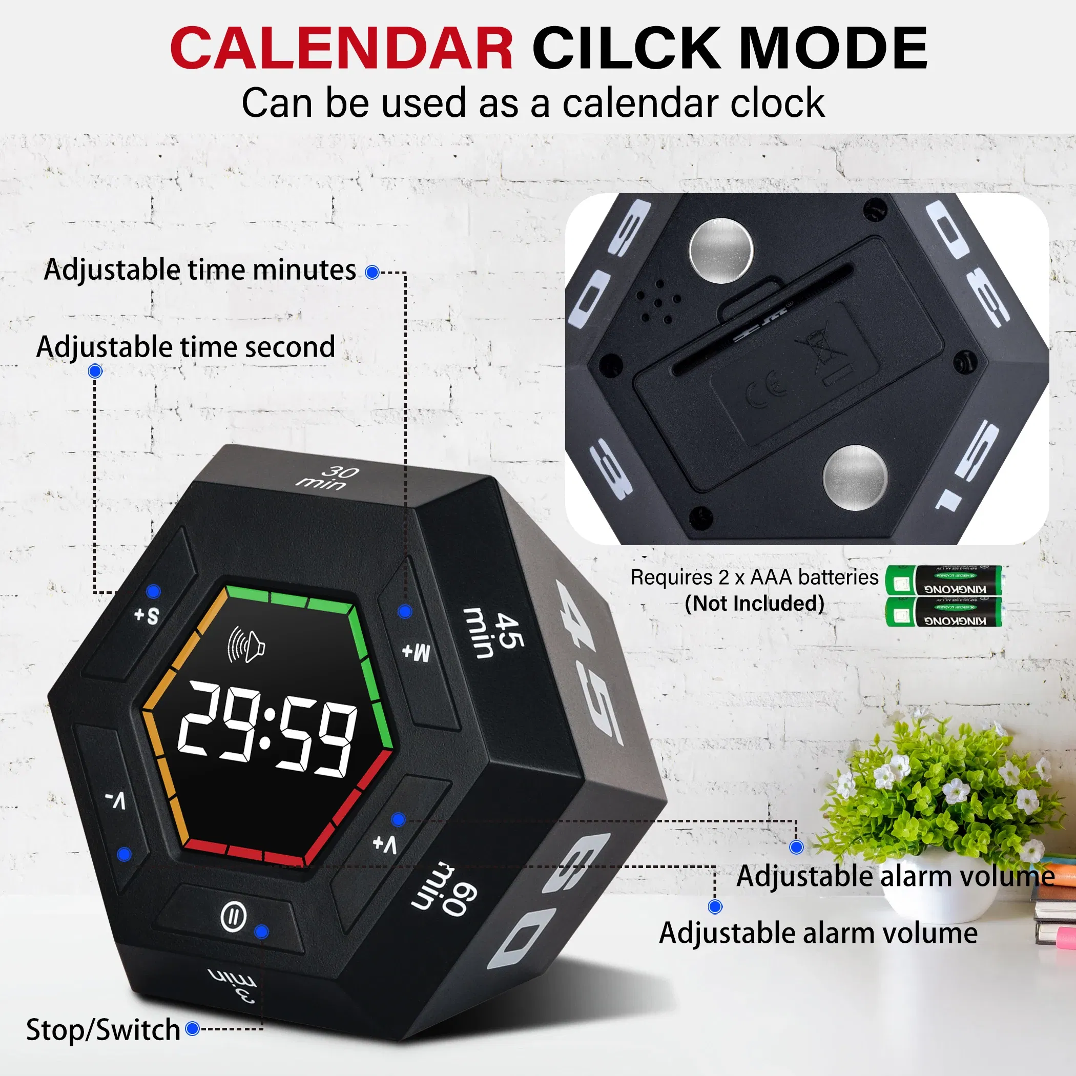 Color: black - Hexagon Visual Flip Timer for kids Digital Study Pomodoro Cooking Timers Silent timing Magnetic Smart Productivity Kitchen Time