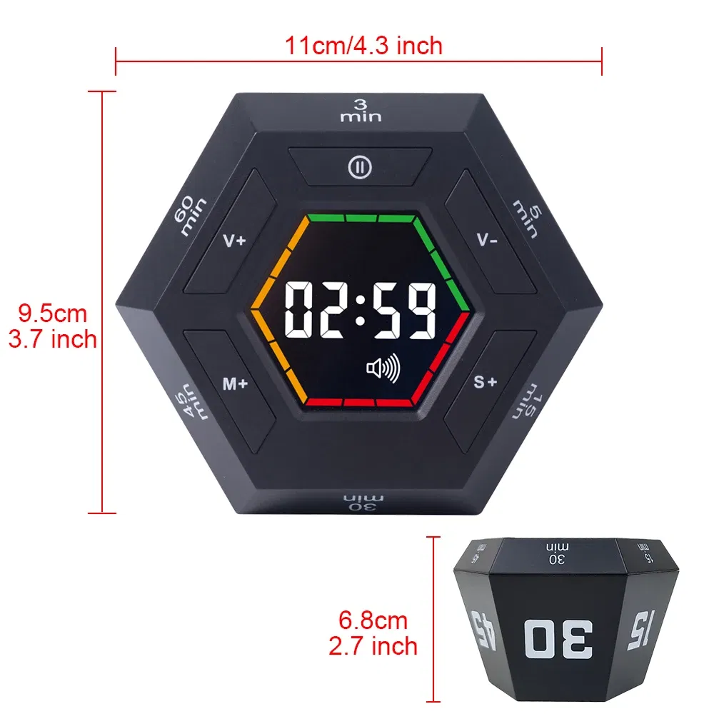 Color: black - Hexagon Visual Flip Timer for kids Digital Study Pomodoro Cooking Timers Silent timing Magnetic Smart Productivity Kitchen Time