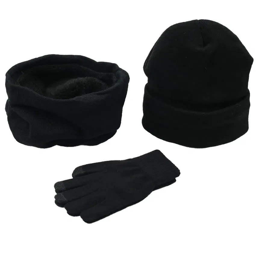 Color: black, Size: One Size - 3 Pieces/Set Winter Women Hats Scarves Gloves Kit Fashion Knitted Plus Velvet Hat Scarf Set For Male Female Beanies Scarf Gloves