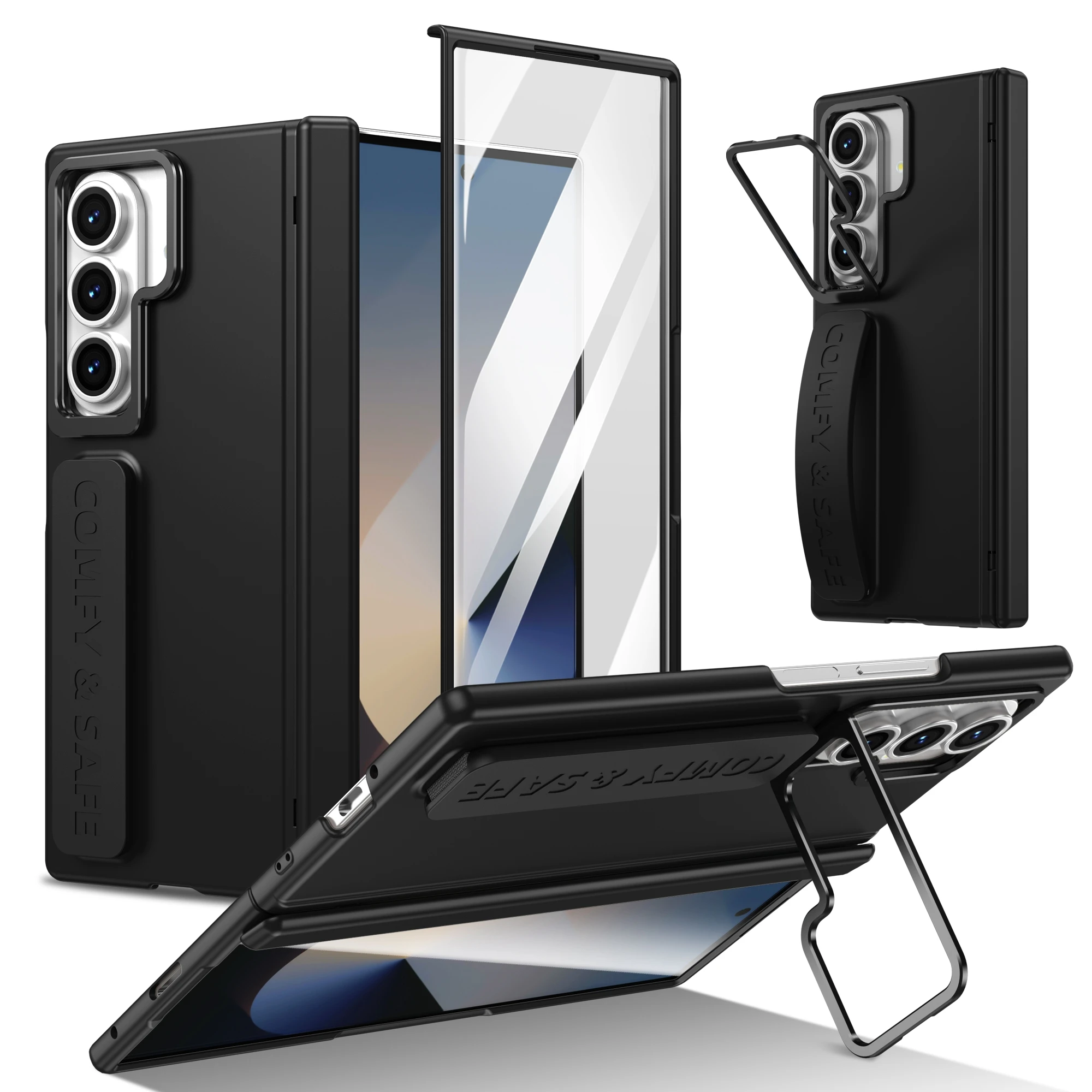 Color: black, Material: CANVAS - For Samsung Galaxy Z Fold 7 6 5 4 3 Wristband Hinge Lens Holder Phone Case Outer Screen Glass Film Protection Shockproof Cover
