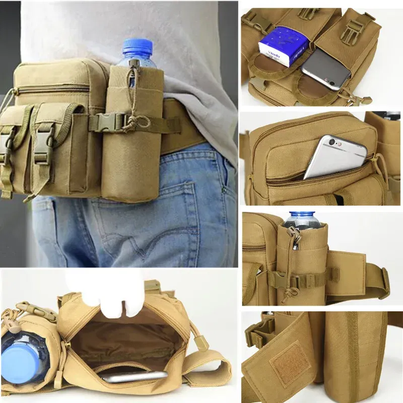 Color: Beige - Waterproof Nylon Fanny Pack Men Tactical Military Army Waist Bag Hiking Outdoor Camping Shoulder Bum Belt Bum Sport Chest Bags