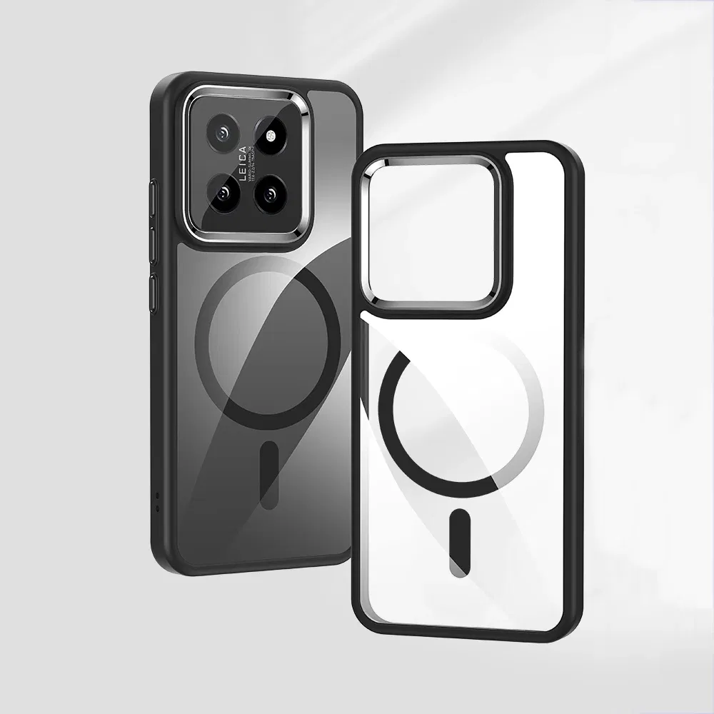Color: Brown, Material: ABS - Luxury HD Transparent Shockproof Bumper Case For Xiaomi Mi 14 Pro Ultra For Magsafe Magnetic Wireless Charge Back Cover Shell