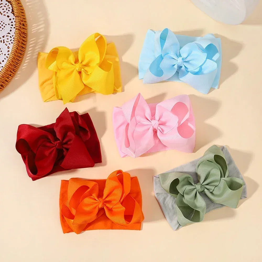 Color: Silver - 1pcs Baby Wide Ribbon Nylon Turban Girls Big Bows Hair Accessories Child Headband Elastic Hair Bands Ribbon Bows Infant Headwear