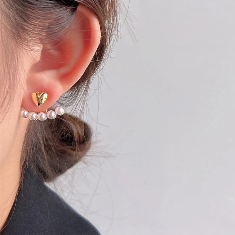 Metal Color: SILVER PLATED - Imitation Pearl Stud Earrings For Women Alloy Heart Double Sides Back Post Hanging Ear Cuff Valentine's Day Jewelry Girl Gift