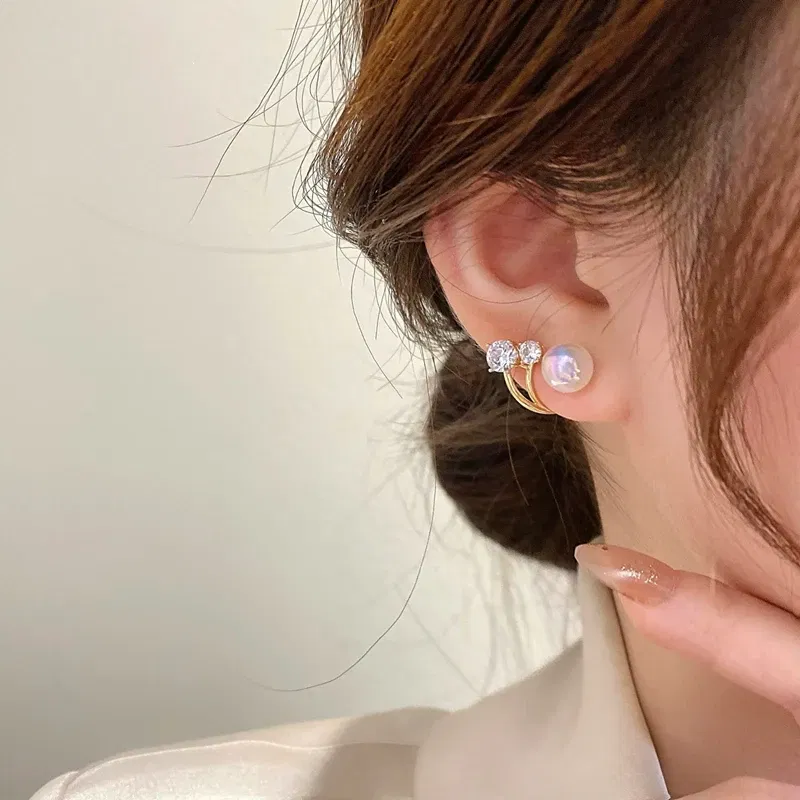 Metal Color: SILVER PLATED - Imitation Pearl Stud Earrings For Women Alloy Heart Double Sides Back Post Hanging Ear Cuff Valentine's Day Jewelry Girl Gift