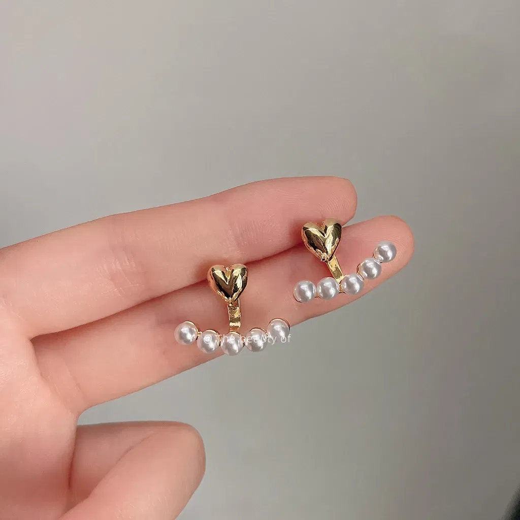 Metal Color: SILVER PLATED - Imitation Pearl Stud Earrings For Women Alloy Heart Double Sides Back Post Hanging Ear Cuff Valentine's Day Jewelry Girl Gift