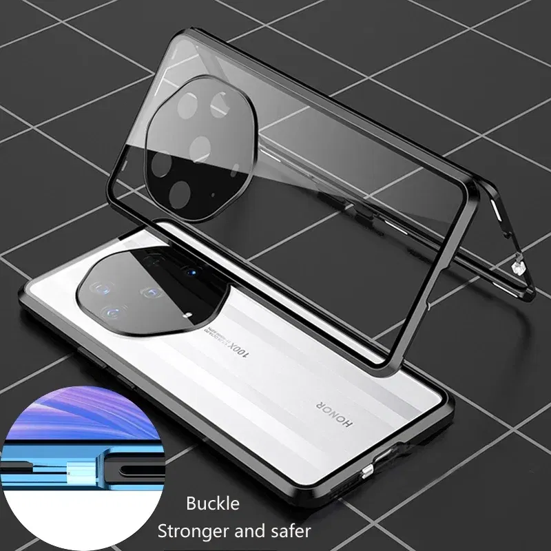 Color: green, Material: POLYESTER - Double Sided Glass Magnetic Metal Snap Lock Phone Case For Honor Magic 4 5 Ultimate 6 Lite 7 Pro Lens Protection Cover Cases
