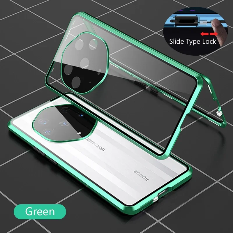 Color: green, Material: POLYESTER - Double Sided Glass Magnetic Metal Snap Lock Phone Case For Honor Magic 4 5 Ultimate 6 Lite 7 Pro Lens Protection Cover Cases