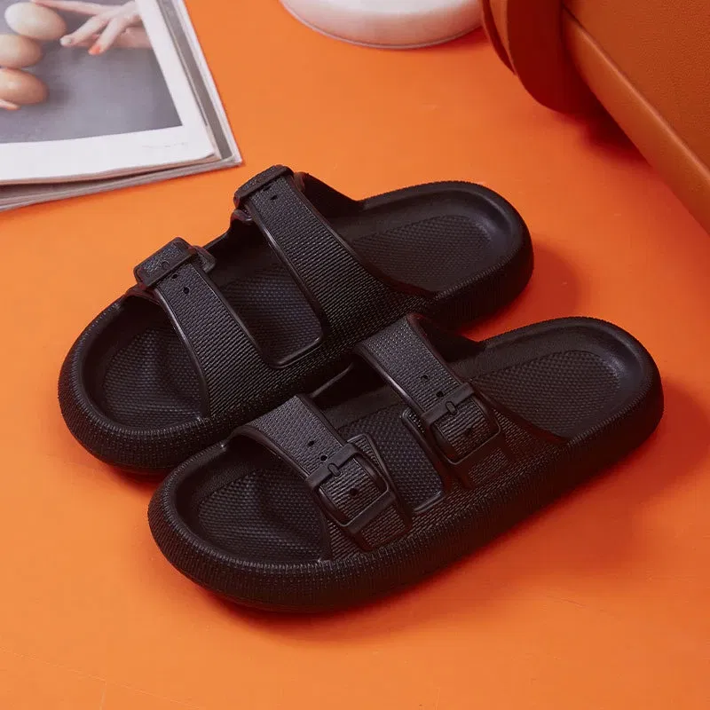 Color: black, Shoe Size: 38-39 - Fashion Buckle Thick Platform Slippers Women Home Soft Sole eva Cloud Slides Sandals Woman 2025 Summer Non Slip Beach Flip Flops