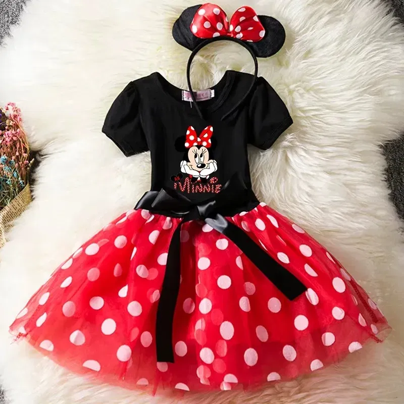 Color: Beige, Kid Size: 3T - Mickey Minnie Mouse Baby Girls Cosplay Costume Kids Fancy Polka Dot Dress Princess Dress Children Birthday Party Clothing Gift