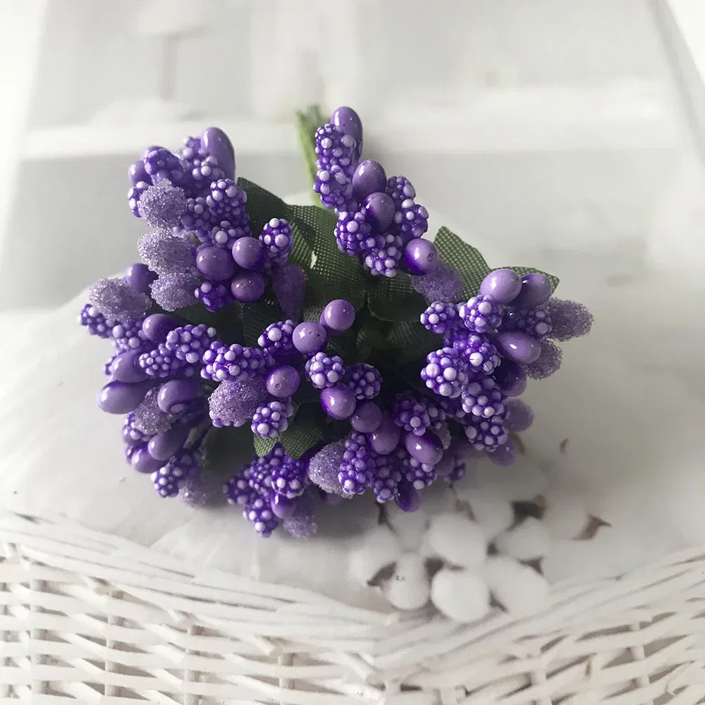 Color: PURPLE - 12PCS/lot Artificial Flower Small Berries Stamen Wire Stem/marriage Leaves DIY Wreath Wedding Scrapbooking Box Decoration Craft