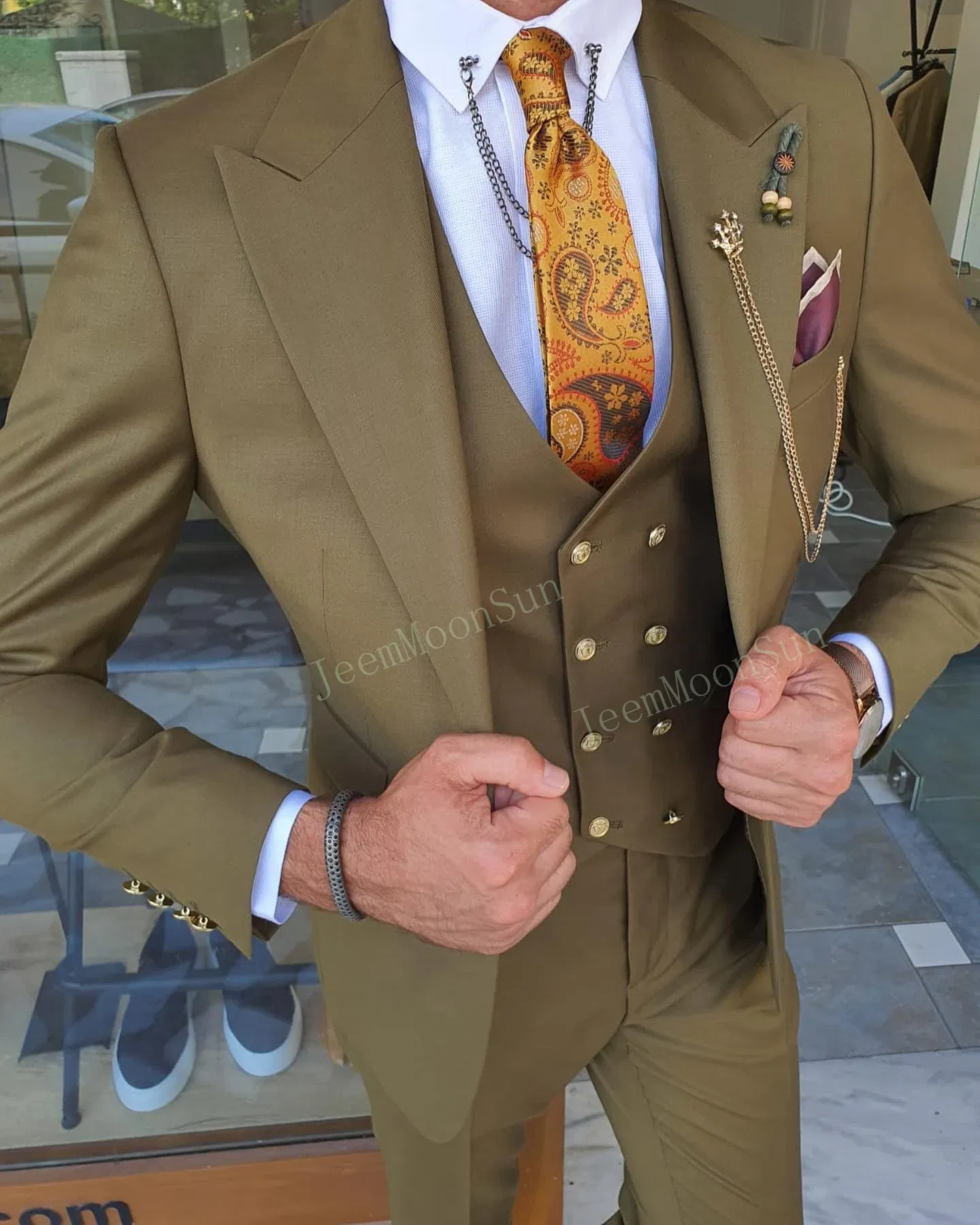 Color: SKY BLUE, Size: XL, Ships From: CHINA - 3 Pieces New White Men's Suit 2022  Peak Lapel Slim Fit Casual Tuxedos Groom Tailor Made Terno Masculino (Blazer+Pants+Vest)