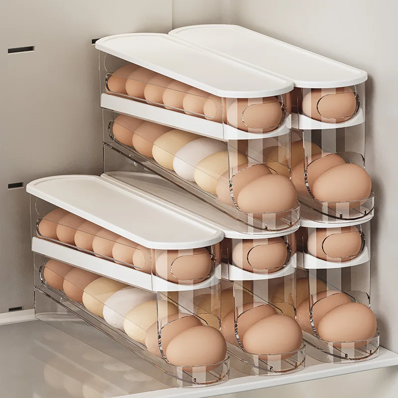 Color: Blue - Bilayer Fridge Egg Storage Box Automatic Rolling Eggs Holder Rack Ladder Style Refrigerator Eggs Dispenser Egg Organizers Holder