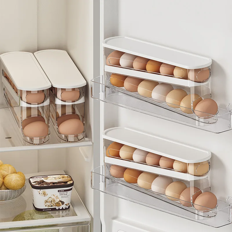 Color: Blue - Bilayer Fridge Egg Storage Box Automatic Rolling Eggs Holder Rack Ladder Style Refrigerator Eggs Dispenser Egg Organizers Holder
