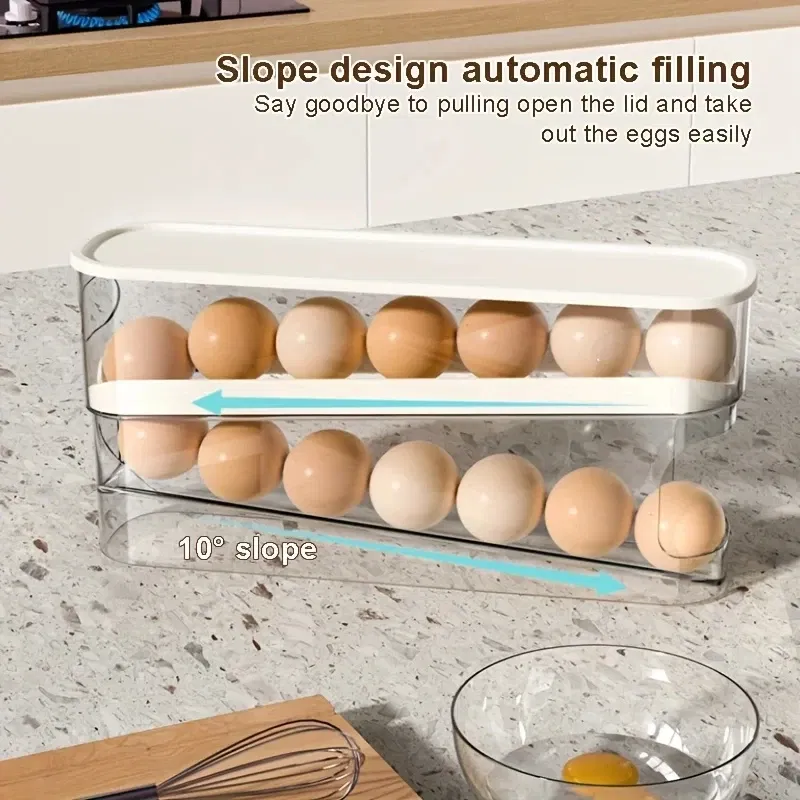 Color: Blue - Bilayer Fridge Egg Storage Box Automatic Rolling Eggs Holder Rack Ladder Style Refrigerator Eggs Dispenser Egg Organizers Holder
