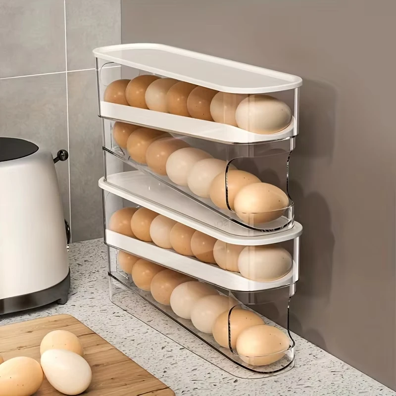 Color: Blue - Bilayer Fridge Egg Storage Box Automatic Rolling Eggs Holder Rack Ladder Style Refrigerator Eggs Dispenser Egg Organizers Holder