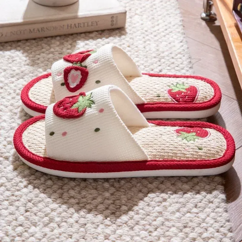 Shoe Size: 36-37, Color: Grape - Strawberry Linen Upper Sweet Home Girl's Soft Soles Silent Non-slip Floor Slippers in Line with Human Bow Science Shoes Sandals