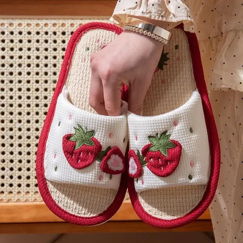Shoe Size: 36-37, Color: Grape - Strawberry Linen Upper Sweet Home Girl's Soft Soles Silent Non-slip Floor Slippers in Line with Human Bow Science Shoes Sandals