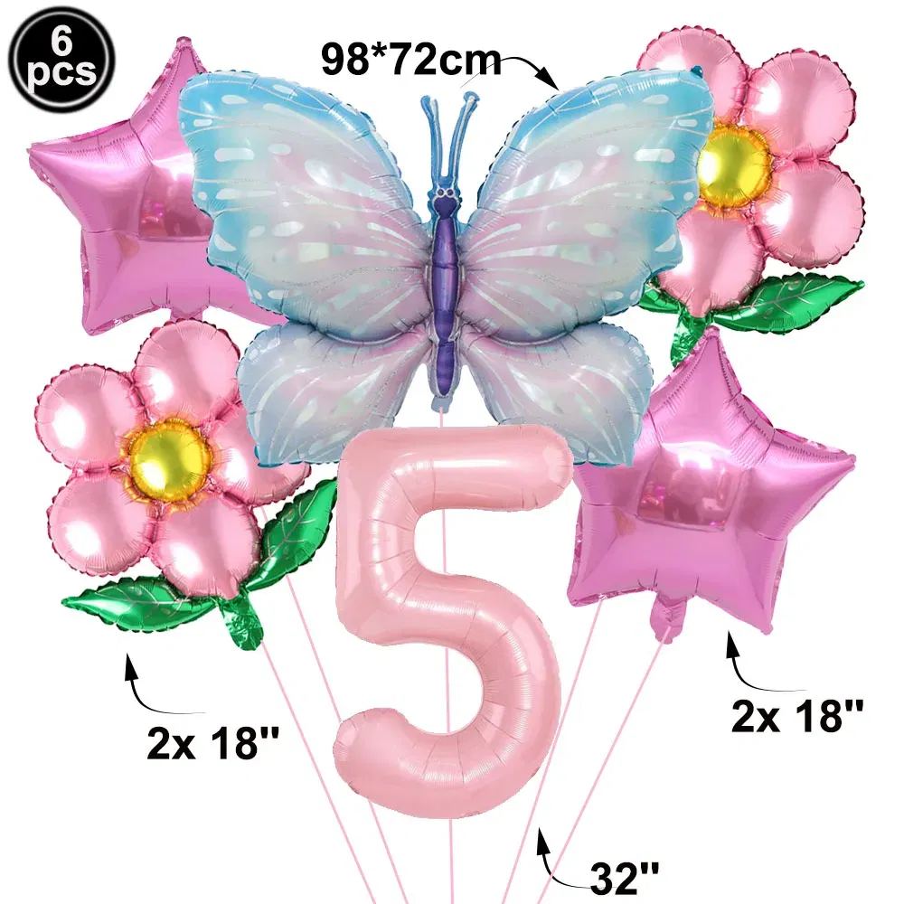 Color: Pink - Butterfly Balloon Set 32/40inch Number Balloon Princess Garden Decoration Girl Fairy Birthday Party Balloon
