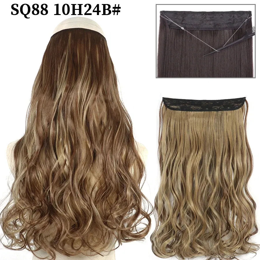Color: T27/30/4, Stretched Length: 16inches, Ships From: CHINA - Synthetic Natural Wavy No Clip Fish Line Invisible Hair Extensions Mixed Color Blonde Black Artificial False Hair Piece ForWomen