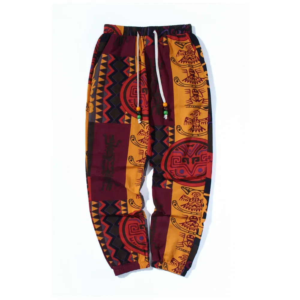 Color: Red, Size: L - Mens Boho Tribal Print Stretch Linen Pnats Cotton Blend Drawstring LightWeight Trousers with Pockets Summer Jogger Pants