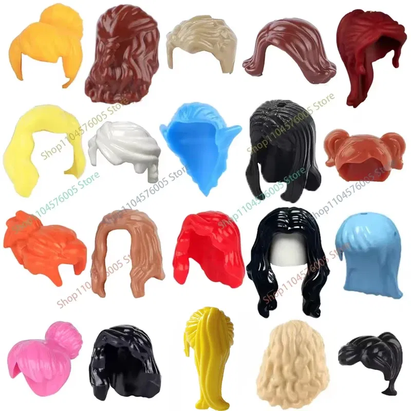 Color: Trans-dark Blue - MOC Brown Hair Building Blocks City Figures Body Creative Accessory Blond Gold White Parts DIY Hats Mini Bricks Assemble Toy S04