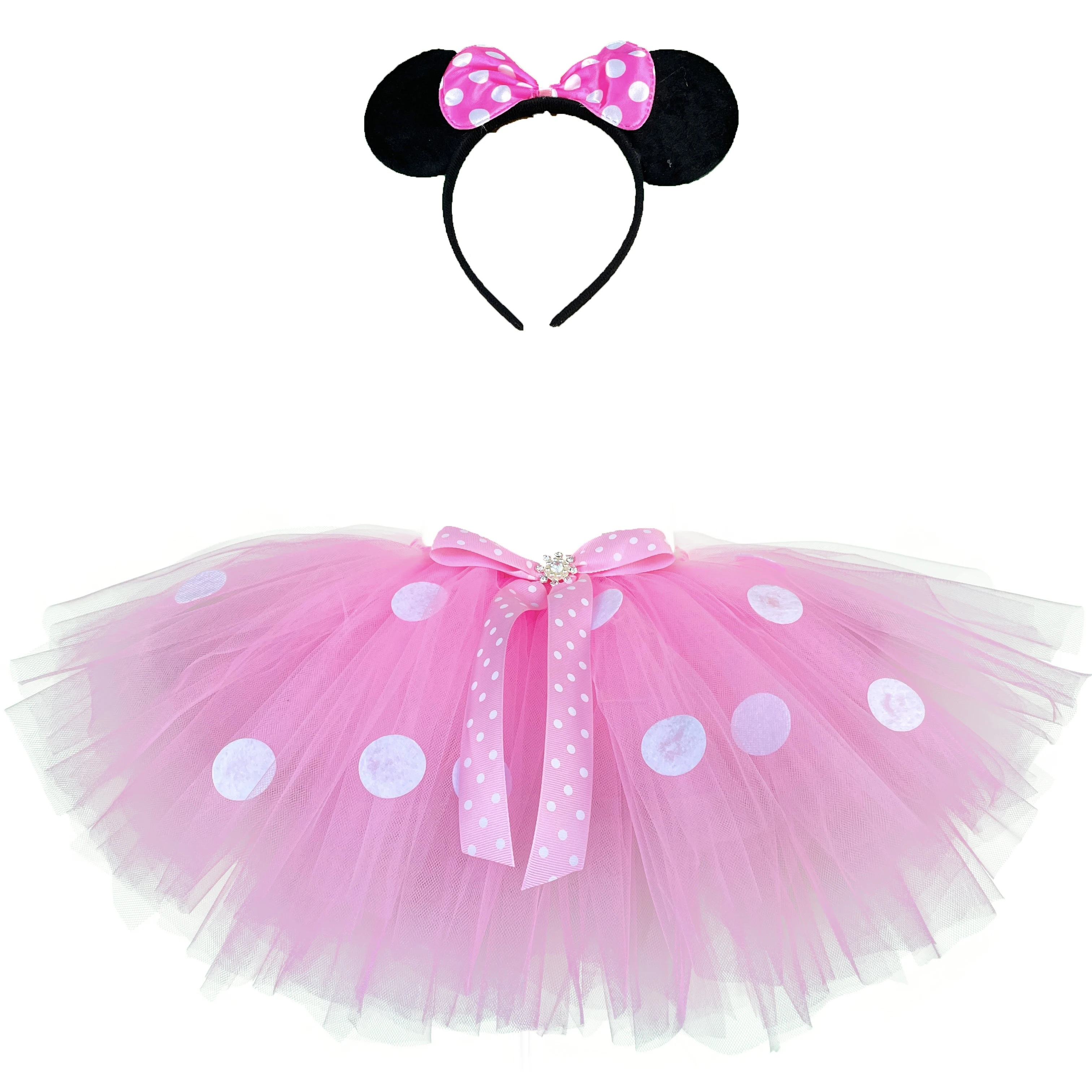 Color: MULTI, Kid Size: 2T - Girls Pink Cartoon Tutu Skirts Baby Ballet Tulle Pettiskirts with White Polka Dots and Hairbow Kids Cosplay Party Costume Skirt