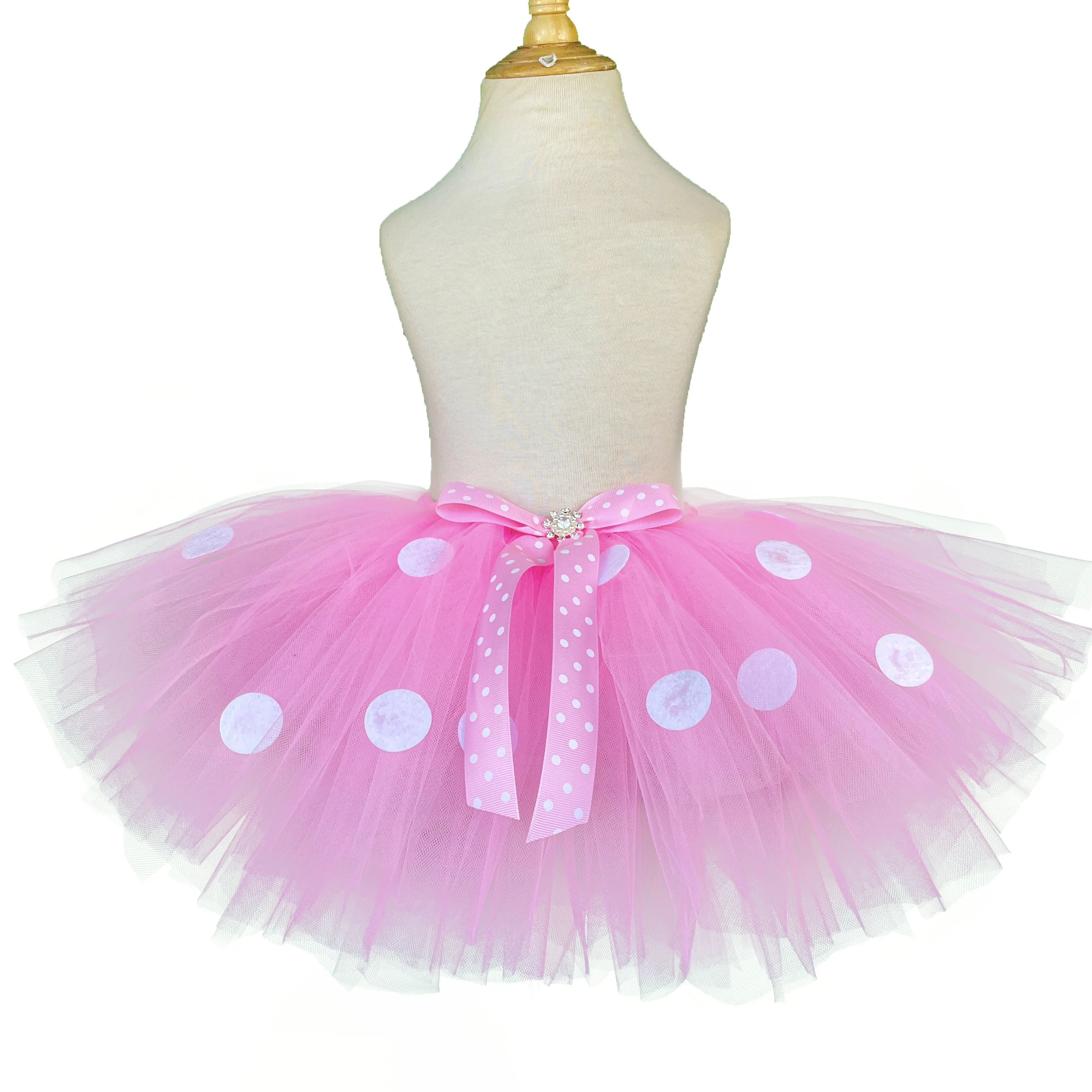 Color: MULTI, Kid Size: 2T - Girls Pink Cartoon Tutu Skirts Baby Ballet Tulle Pettiskirts with White Polka Dots and Hairbow Kids Cosplay Party Costume Skirt