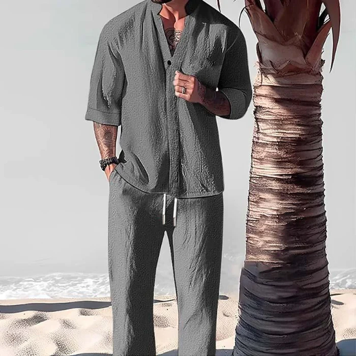 Men's Loose Casual Solid Color Half Sleeve Shirt Trousers Set