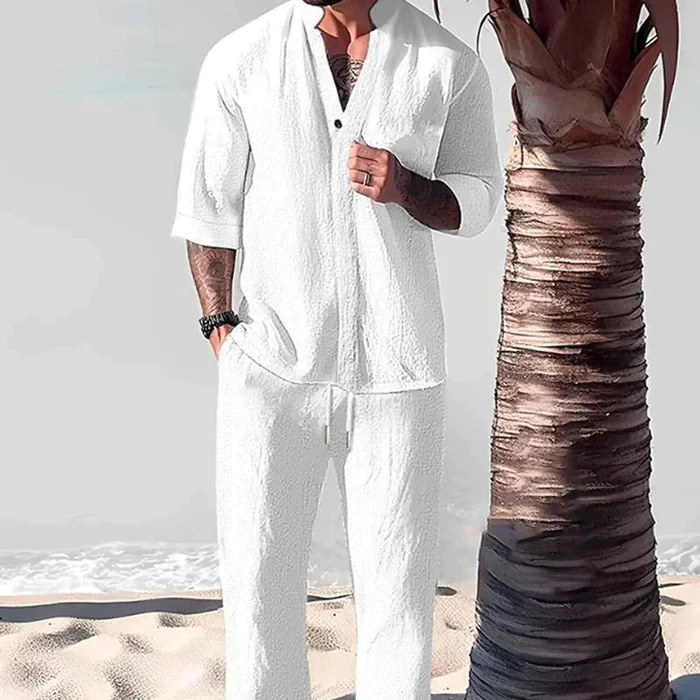 Men's Loose Casual Solid Color Half Sleeve Shirt Trousers Set