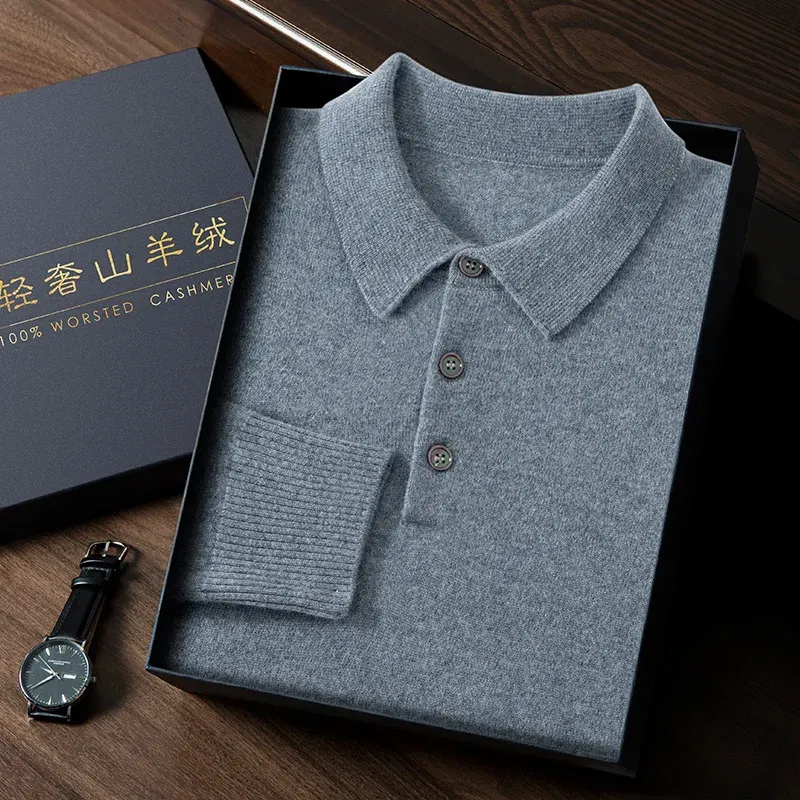 Color: SKY BLUE, Size: XXL - High Quality Men's 100% Cashmere POLO Collar Pullover Soft Elastic Autumn Winter Business Casual Solid Color Knitted Sweater