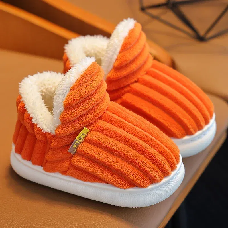 Color: Orange, Shoe Size: 3.5 - New Winter Concise Stripe Plush Slippers Children's Non-slip Soft Sole Kids Boys Girls Heel Wrap Warm High Home Cotton Shoes