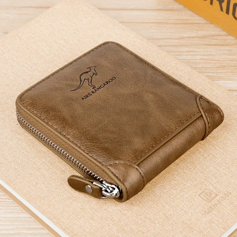Color: Khaki - Leather Men?™s Wallet Luxury MensPurse Male Zipper Card Holders with Coin Pocket Rfid Wallets Gifts for Men Money Bag