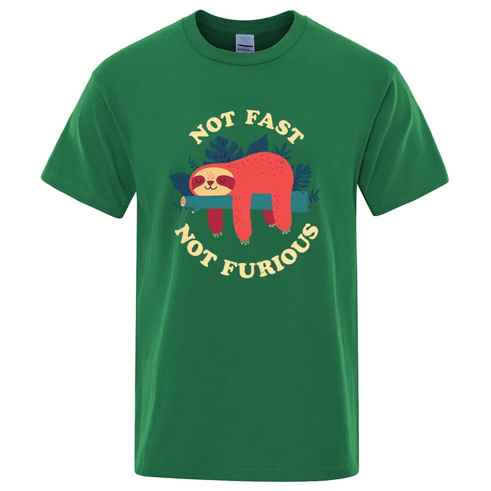 Color: green, Size: S - Not Fast Not Furious Sloth Cute Print Men Tee Shirts Breathable Cotton Tops Street Fashion T-shirt Women Casual Summer T Shirts