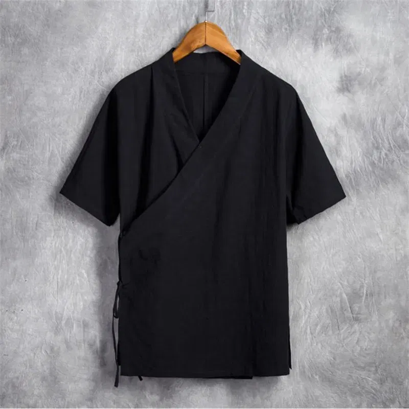 Color: black, Size: XXL - Men Cotton Linen Short sleeve Kung Fu Shirt Classic Chinese Style Tang Clothing Size M-6XL