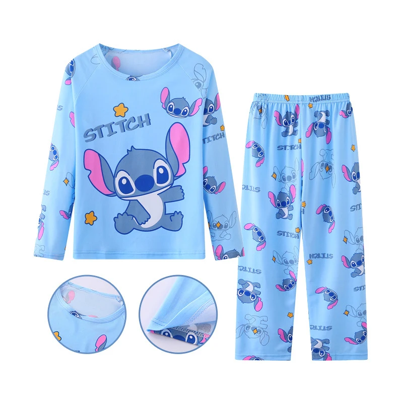 Color: Beige, Kid Size: 12t - New Pajama Boys Girls Pajamas Stitch Clothing Sets Kids Long Sleeve +Pant 2Piece Children Home Clothing Girl Nightgown