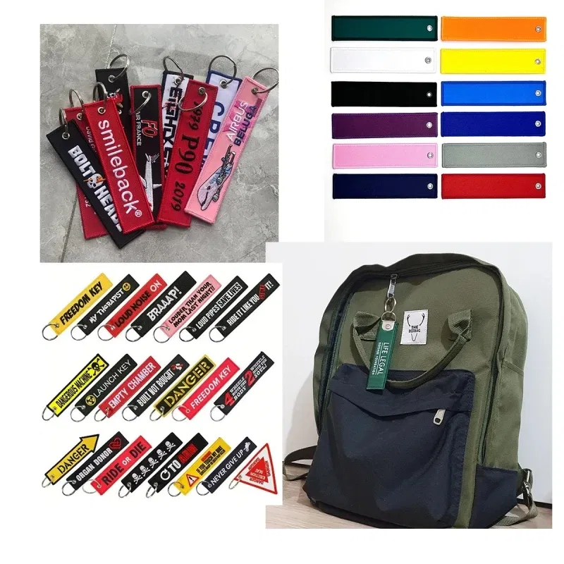 Custom Embroidery Keychains Double-sided Wholesale 50 PCS Printed Woven Logo to Customize Fabric Key Ring Tag for Bag Phone Car