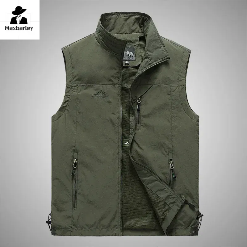 Color: Beige, Size: S - Autumn Men Waistcoat Outdoor Leisure Solid Sleeveless Jacket Young Middle-aged Photography Fishing Casual Vest Male summer