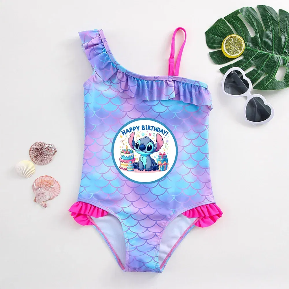 Color: Mixed Color, Size: L - Stitch Girls Swimsuit Fashion Mermaid Fish Scale One-Piece Bathing Suits Children's Dresses Summer Swimwear Beach Suit Kids Wear