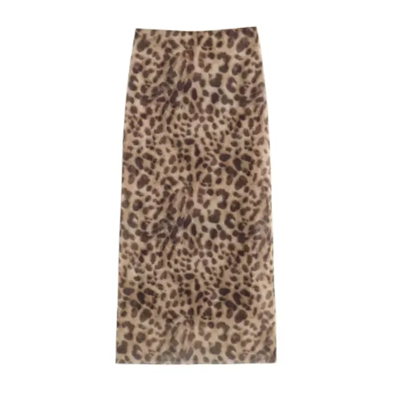 Color: camel, Size: M - Women Leopard Tulle Midi Skirt 2024 Summer Fashion High Waist Elasticated Waistband Long Skirts Streetwear