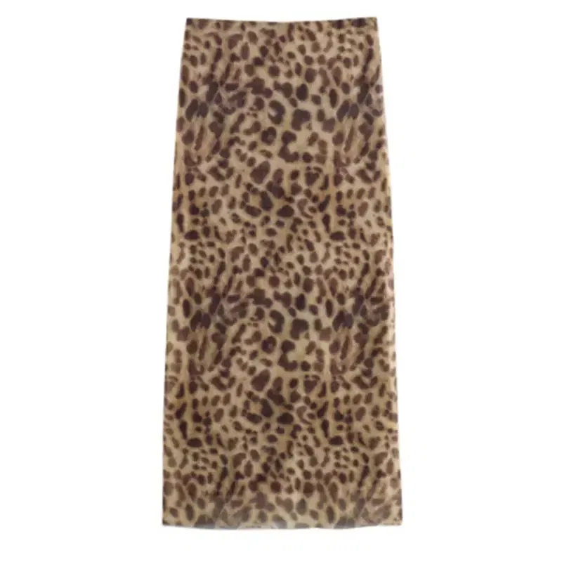 Color: camel, Size: M - Women Leopard Tulle Midi Skirt 2024 Summer Fashion High Waist Elasticated Waistband Long Skirts Streetwear