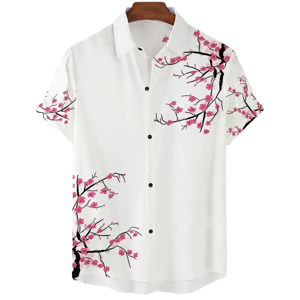 Color: MULTI, Size: S - Fashionable Luxury Social men's Shirt Lapel button-down Shirt Casual Japanese Aesthetic Cherry Blossom Print short-sleeved Tops