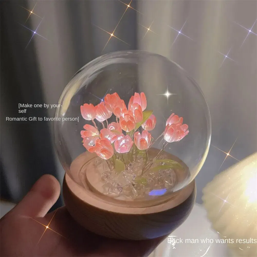 Color: Beige - Artificial Tulip Flower Night Light Handmade DIY Bedside Lamp LED Night Lamp Bedroom Decor Christmas Birthday Gifts Table Lamp