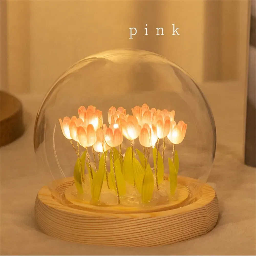 Color: Beige - Artificial Tulip Flower Night Light Handmade DIY Bedside Lamp LED Night Lamp Bedroom Decor Christmas Birthday Gifts Table Lamp