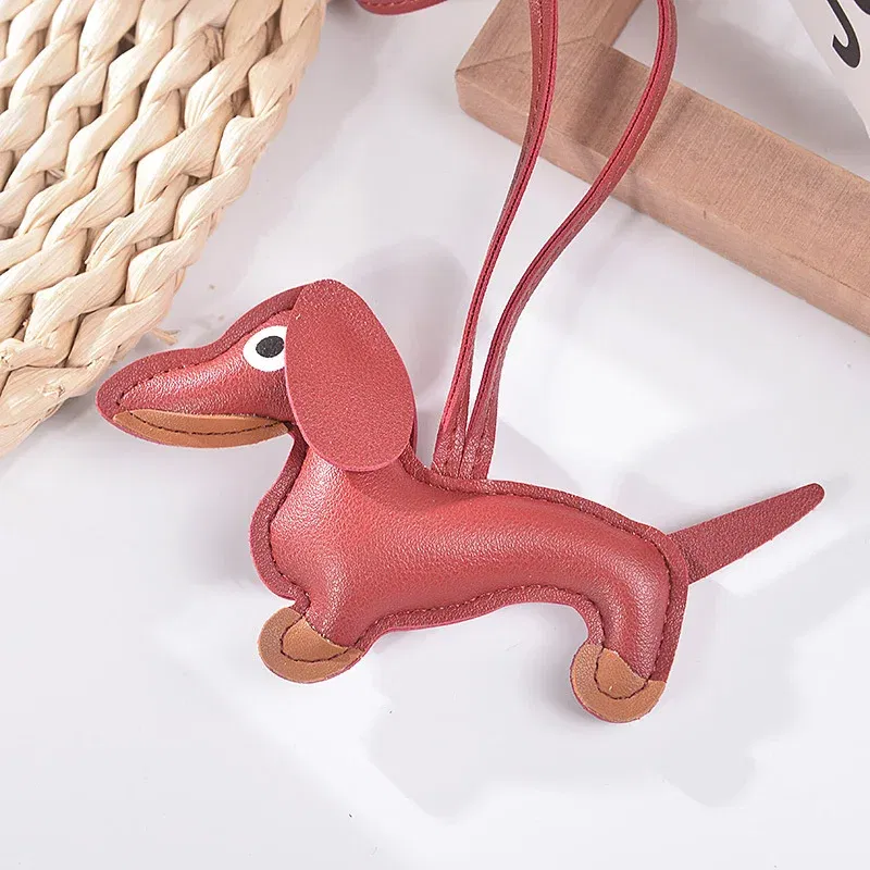 Color: Red - Classic Cute Puppy Dog Bag Pendant Key chain Fashion PU Leather Dachshund key Ring Accessories