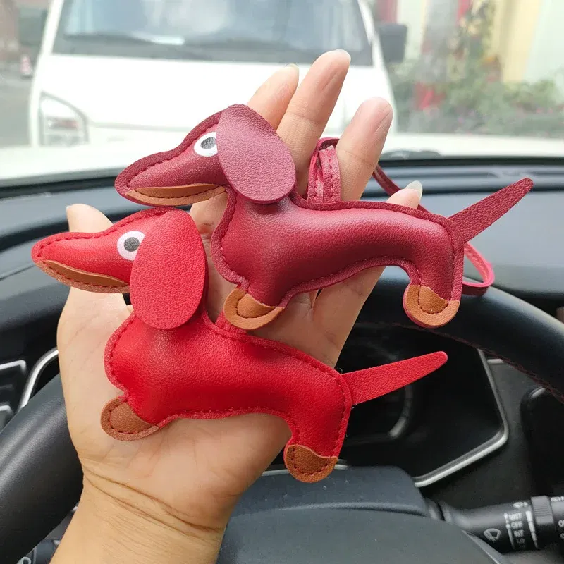 Color: Red - Classic Cute Puppy Dog Bag Pendant Key chain Fashion PU Leather Dachshund key Ring Accessories