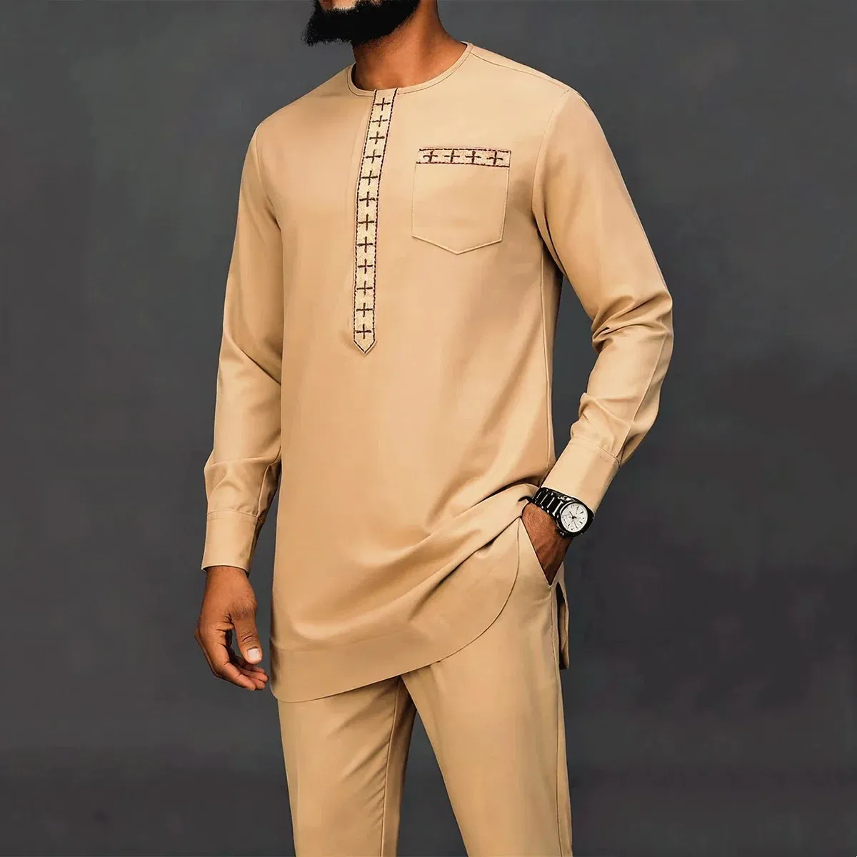 Color: PURPLE, Size: XXL - New Men's Tenos Wedding 2-Piece Suit Waist Pants Shirt Solid Color Panel Long Sleeve Party African Ethnic Style Clothing (M-4XL)