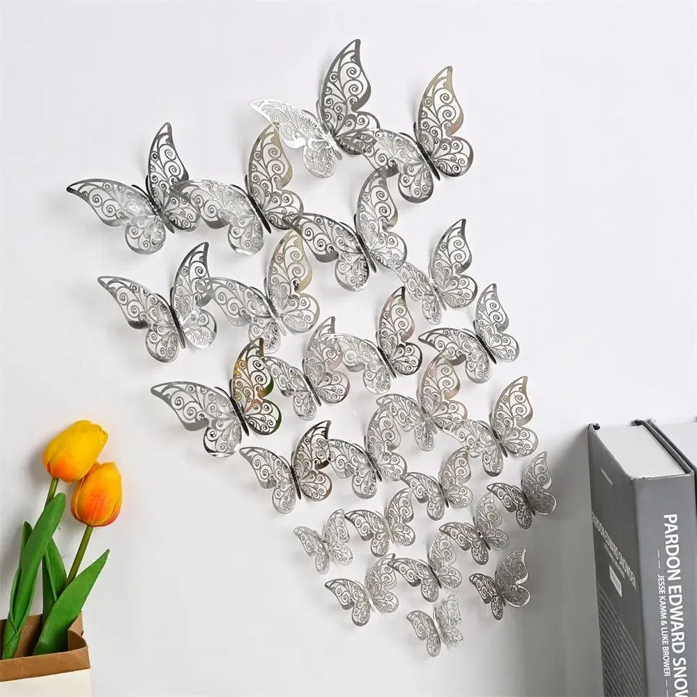 Color: light green - 12 Pieces 3D Hollow Butterfly Wall Sticker Bedroom Living Room Home Decoration Paper Butterfly